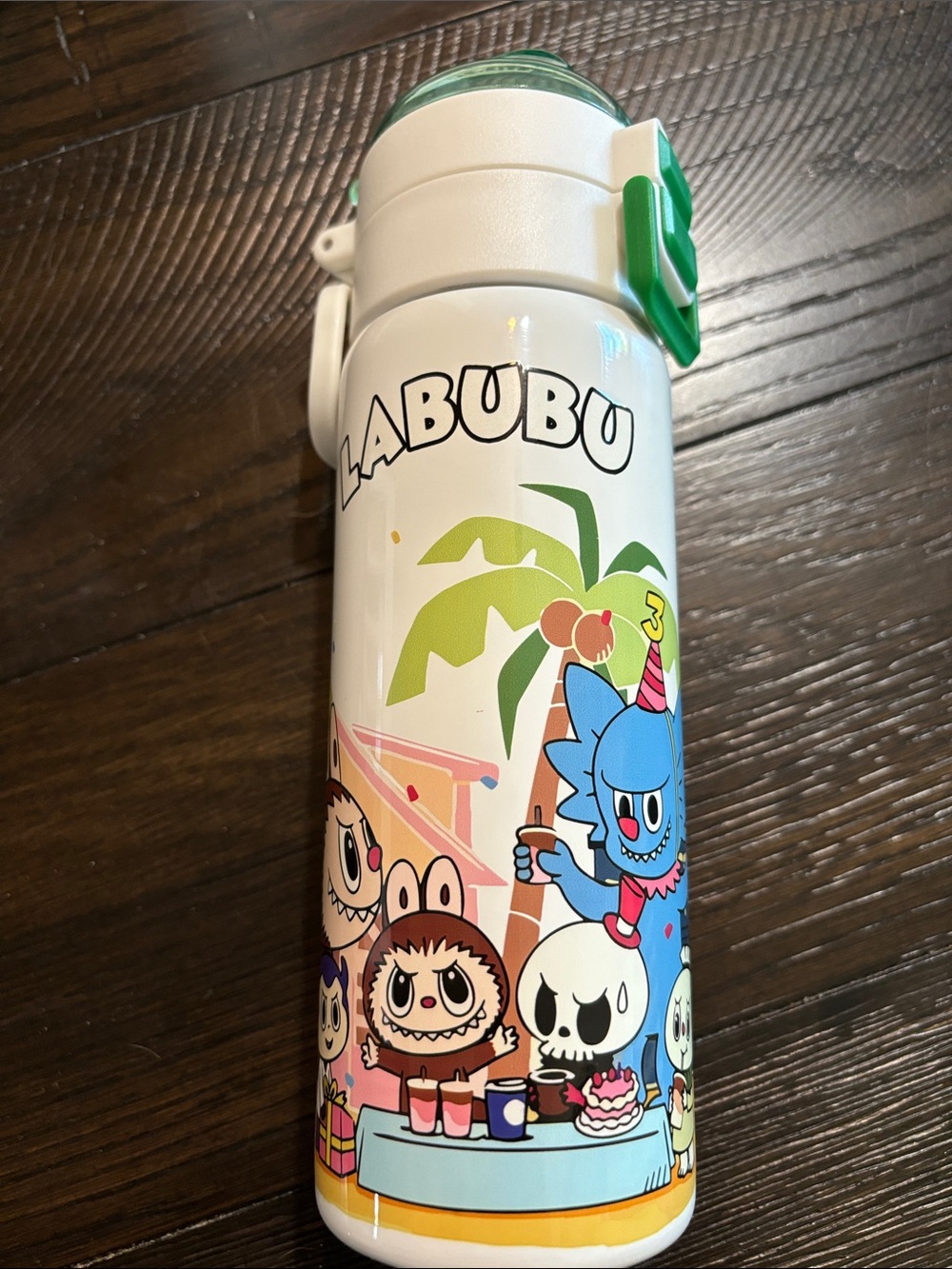 LaBubu White Cartoon Stainless Water Bottle with Green Lid